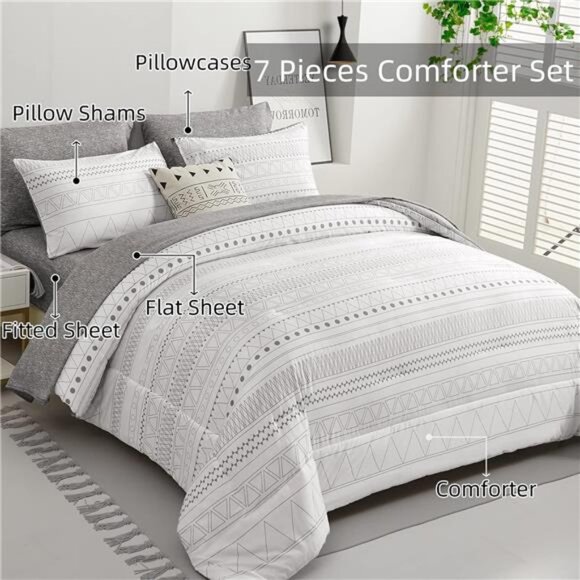 Boho Comforter Set King Size,7 Pieces Grey White Geometric Bohemian Bed in a Bag - Picture 2 of 7